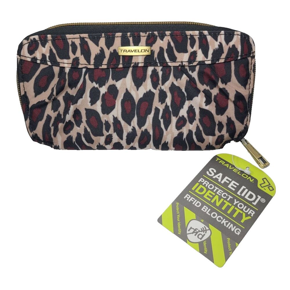 Travelon RFID Blocking Wallet Zip Around Leopard Print Wristlet NWT Safe ID